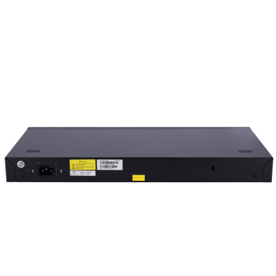 Dispositivo eletrónico preto retangular com etiquetas e entrada de energia