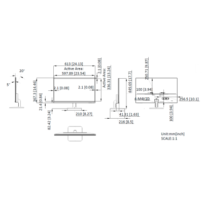 Desenho técnico de ecrã retangular com dimensões e detalhes de montagem