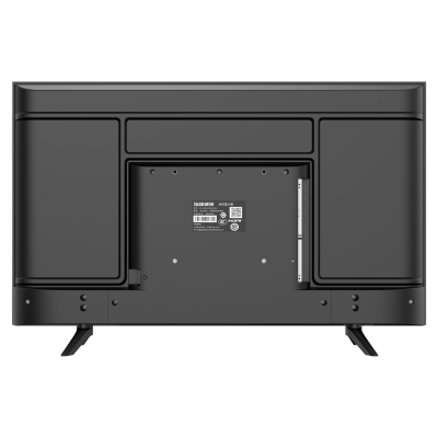Televisão preta vista de trás com rótulo central e pés em V