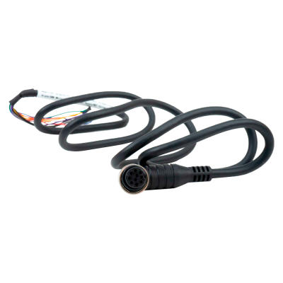 Cabo elétrico preto com conector circular e fios expostos