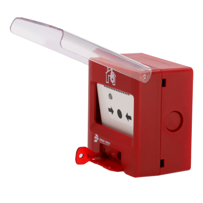 Dispositivo de alarme de incêndio manual vermelho com tampa transparente e chave vermelha
