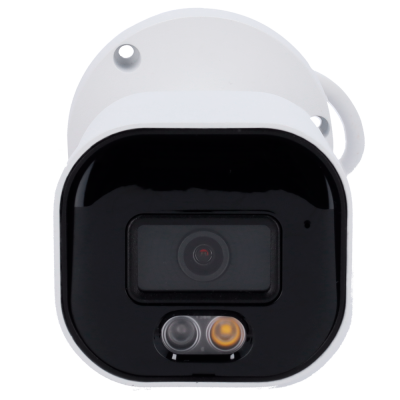 Câmara de segurança branca com lente preta e sensores frontais