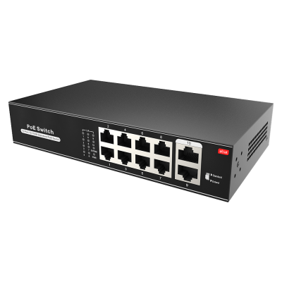 Comutador PoE preto com 16 portas ethernet e indicadores LED