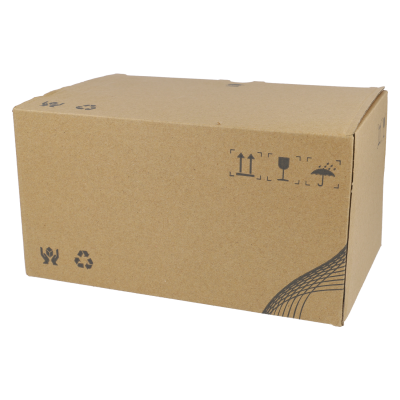 Caixa de cartão castanha com símbolos de reciclagem e manuseio frágil.