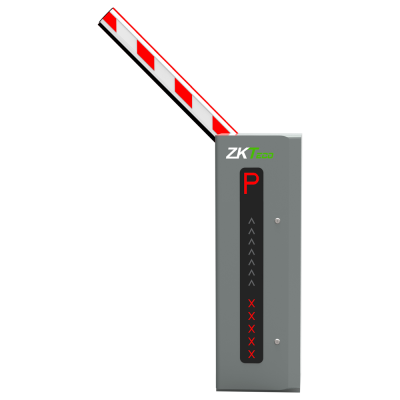 Barreira automática de estacionamento cinza com braço branco e vermelho e painel frontal com texto ZKTeco.