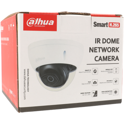Caixa de embalagem de câmara de segurança Dahua IR Dome branca com lente preta, com texto elogios ao produto.