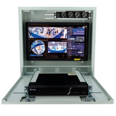 Solução de vigilância eletrónica com ecrã e dispositivo Safire Smart numa caixa metálica cinza.