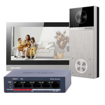 Sistema de vídeo porteiro Hikvision com monitor, interfone e switch de rede