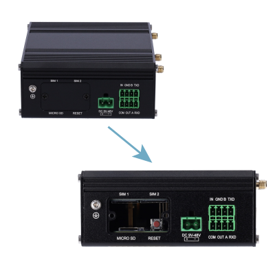 Dispositivo eletrónico preto com entradas para SIM, MICRO SD, e conectores verdes