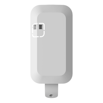 Etiqueta branca retangular com cantos arredondados e orifício para pendurar