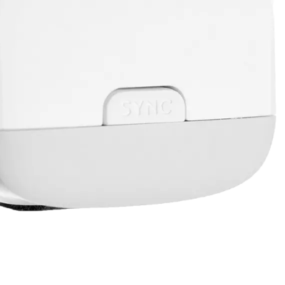 Dispositivo branco com botão com a palavra SYNC em relevo