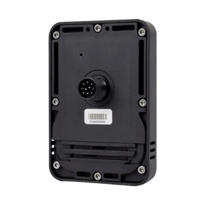 Dispositivo eletrónico preto com conector circular e etiqueta com código de barras