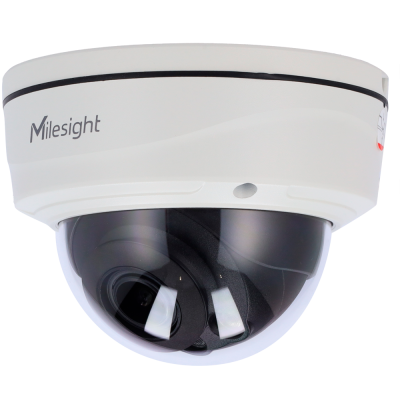 Câmara de vigilância dome branca com visor preto e marca Milesight