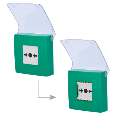 Botão manual de alarme verde com tampa transparente aberta e fechada