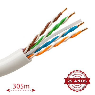 Cabo de rede com fios de várias cores e selo de garantia de 25 años