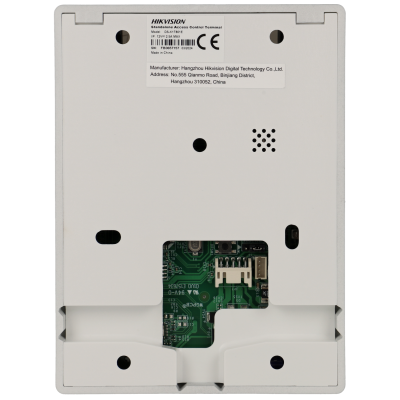 Terminal de controlo de acesso branco HIKVISION com etiqueta e circuito interno visível