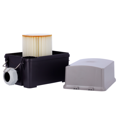 Filtro de ar industrial com filtro branco e tampa cinzenta