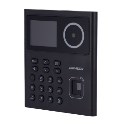 Dispositivo eletrónico preto com ecrã, teclado numérico e leitor de impressões digitais