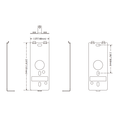 Desenho técnico a preto e branco com dimensões de componentes eletrónicos retangulares.