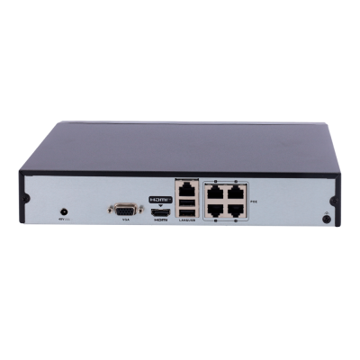 Dispositivo eletrónico com várias portas de conexão, incluindo HDMI, VGA, USB, LAN e Ethernet, com design metálico cinza e topo preto.