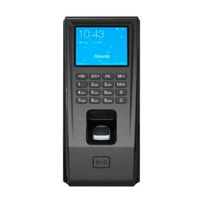 Dispositivo electrónico negro con pantalla azul, teclado numérico e sensor biométrico