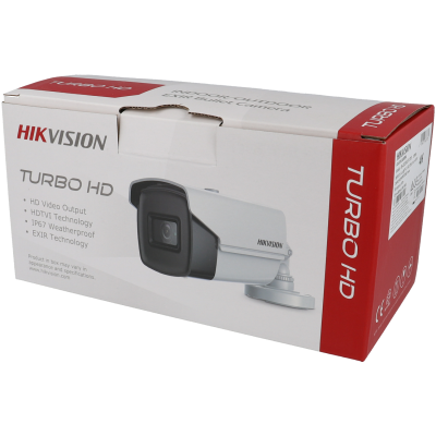 Embalagem de câmara de segurança Hikvision Turbo HD branca e vermelha com imagem do produto