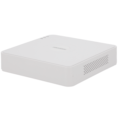 Gravador digital branco com ventilação lateral e escrita Hikvision no topo