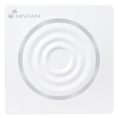 Interruptor quadrado branco com botão redondo central e logotipo NIVIAN