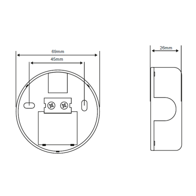 Desenho técnico com dimensões de objeto circular mostrando vista frontal e lateral