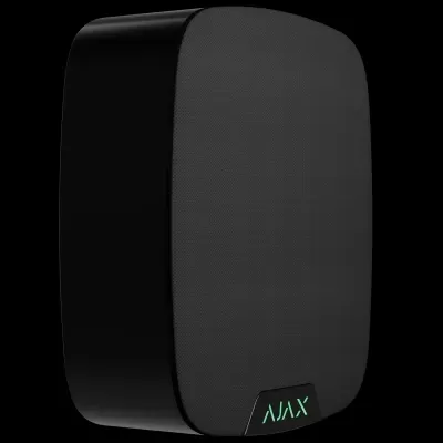 Coluna de som preta com tecido frontal e logótipo AJAX iluminado