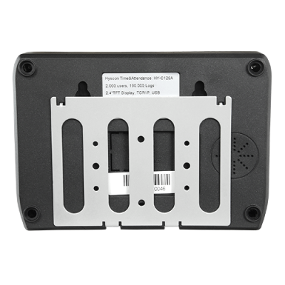 Dispositivo electrónico preto com suporte metálico e etiqueta com texto e código de barras