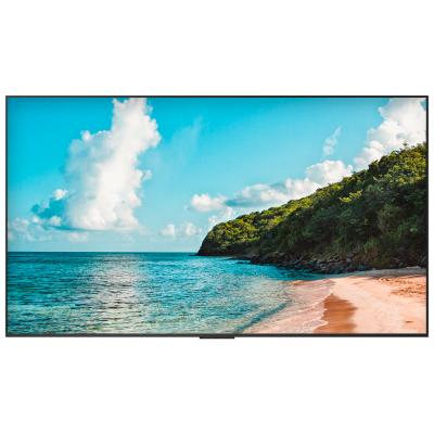 Televisor exibindo imagem de praia com mar azul, céu com nuvens e colina verde
