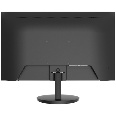 Monitor de computador preto visto de trás com suporte e base redonda