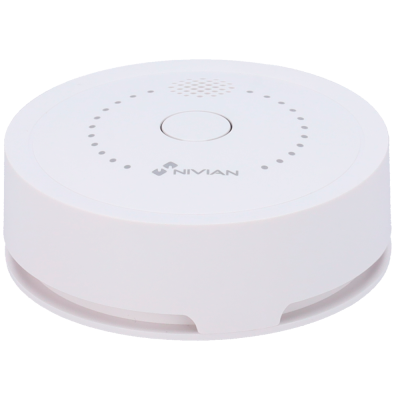 Dispositivo eletrónico branco redondo com botão central e logo NIVIAN