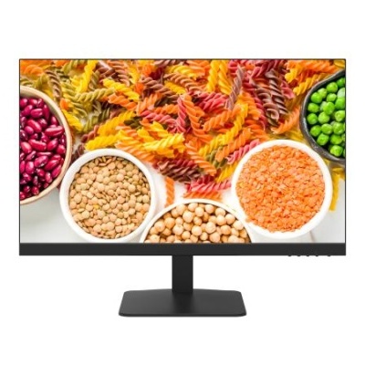 Monitor preto com imagem colorida de massas e leguminosas em tigelas.
