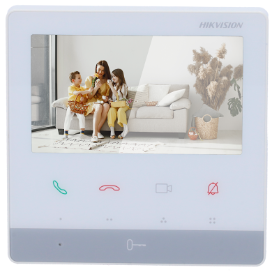 Monitor branco HIKVISION com ecrã colorido e botões de chamada.