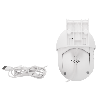 Dispositivo eletrónico branco com cabo USB branco enrolado