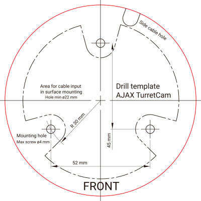 Modelo de furação redondo para montagem de câmera AJAX TurretCam com indicações de medidas e local para furo