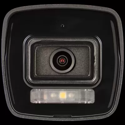 Câmara de segurança preta com lente central e luz LED retangular abaixo