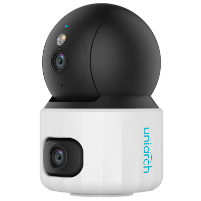 Câmara Uniarch preta e branca com duas lentes e LED azul