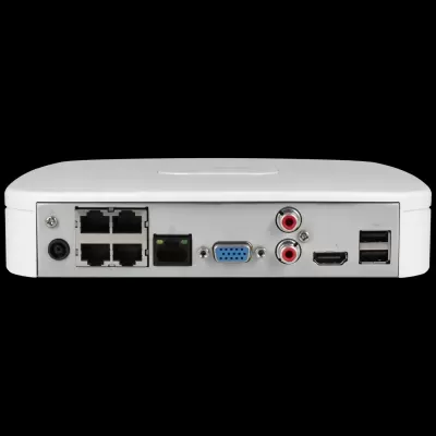 Aparelho eletrônico branco com várias portas, vista traseira ângulo frontal.