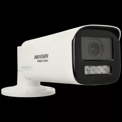 Câmara de vigilância branca Hikvision HiWatch Series com painel preto e suporte redondo