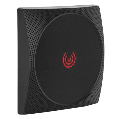 Leitor de cartões RFID preto com símbolo vermelho no centro