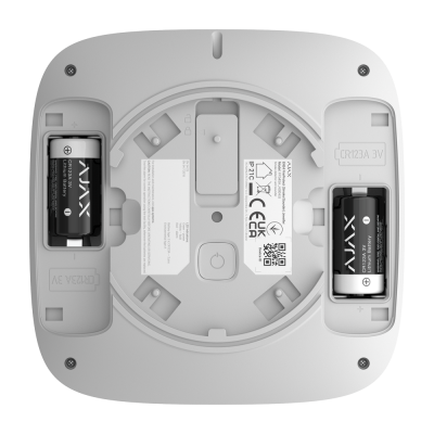 Dispositivo branco quadrado com dois compartimentos de pilhas e botão de energia