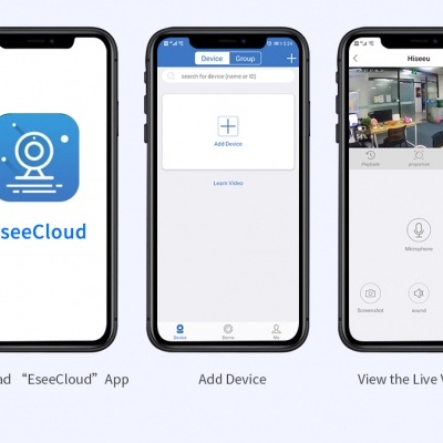 Três ecrãs de smartphone com a aplicação EseeCloud para monitorização por vídeo