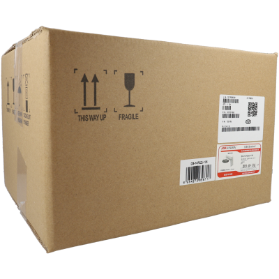 Caixa de cartão castanha com símbolos de transporte e etiquetas adesivas