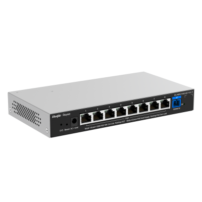 Switch de rede cinza com oito portas Ethernet e uma porta SFP azul.