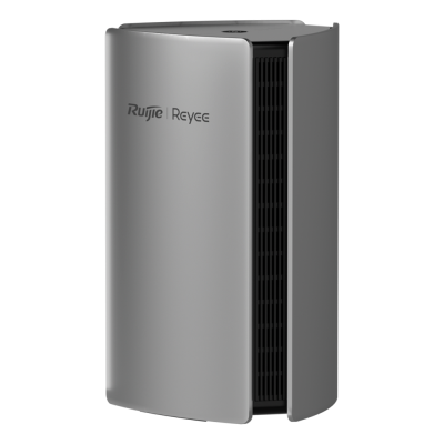 Dispositivo eletrónico cinzento com aberturas laterais e texto Ruijie Reyee