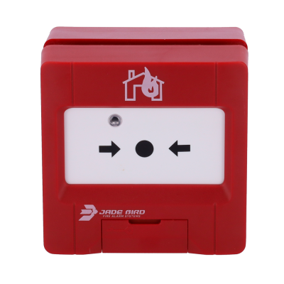Alarme de incêndio manual vermelho com branco e texto JADE BIRD