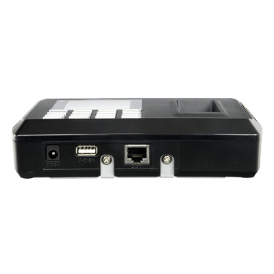 Telefone preto com teclado branco e portas de conexão na parte traseira